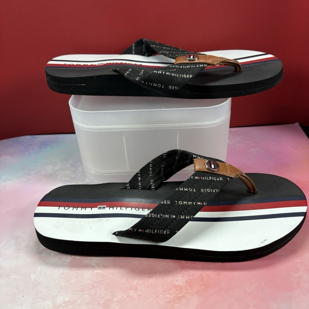 TOMMY HILFIGER Women's Size 5.5 Red White Stripe Fabric Strap Flip Flop New